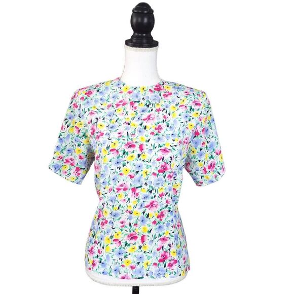 Vintage 80s Tess Paris Milano Floral Short Sleeve Button Back Blouse Size 4 - Picture 1 of 5